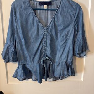 Blue Rain Chambray Denim Blouse with Ruffle Details